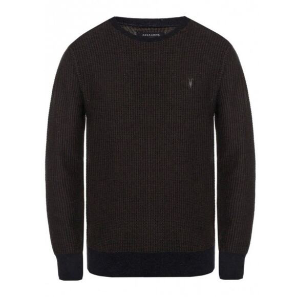 ALLSAINTS Charter Crewneck Sweater Size Medium Black Brown Waffle Knit - Picture 1 of 9